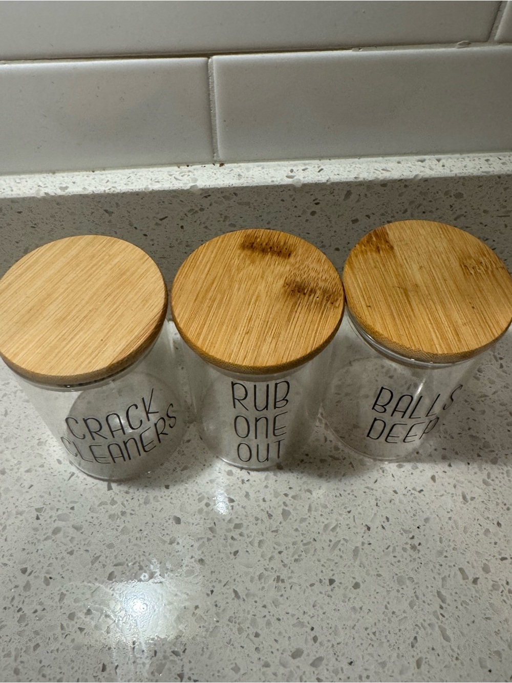 Bathroom Vanity Glass Storage Containers Funny Titles with Bamboo Lids for Cotto